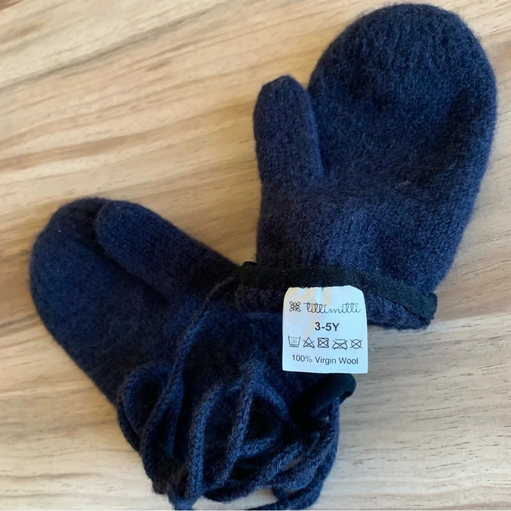 tittimitti 100% Virgin Wool winter Mittens Kids 3-5Y Knit String OEKO-TEX USA
